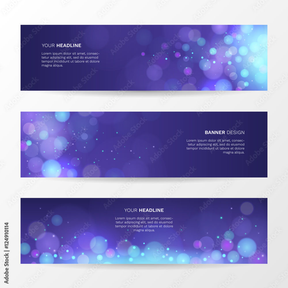 Vector abstract background with sparkling magic blue light. Set of horizontal banners with bright glow spark and bokeh effect.