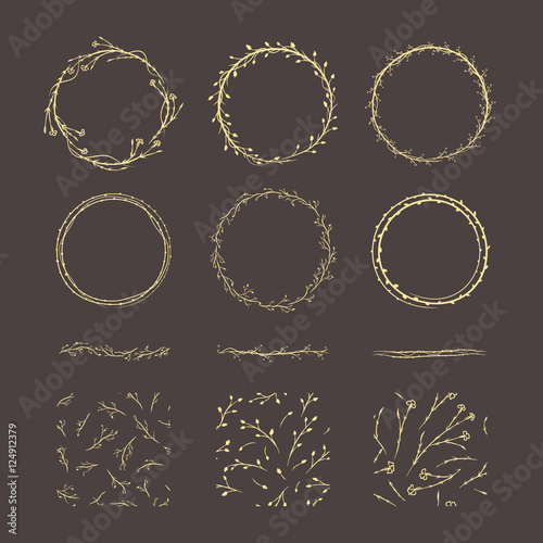 Vintage decorative elements - wreaths, borders and seamless patterns. Hand drawn vector design wedding set.