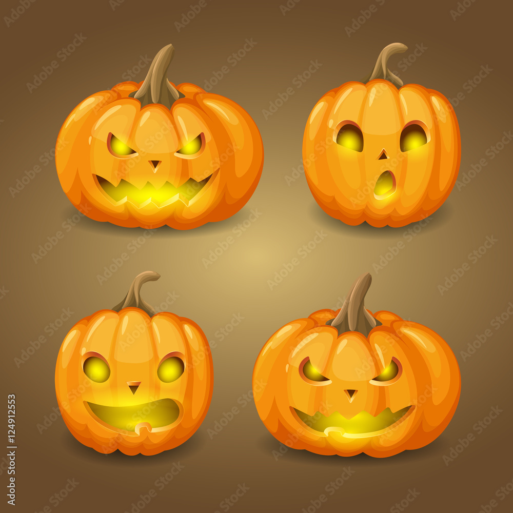 Vector set of pumpkins with lights for design Happy Halloween illustration. Isolated from a background. Vector set of pumpkins with lights for design Happy Halloween illustration. Isolated from a background.