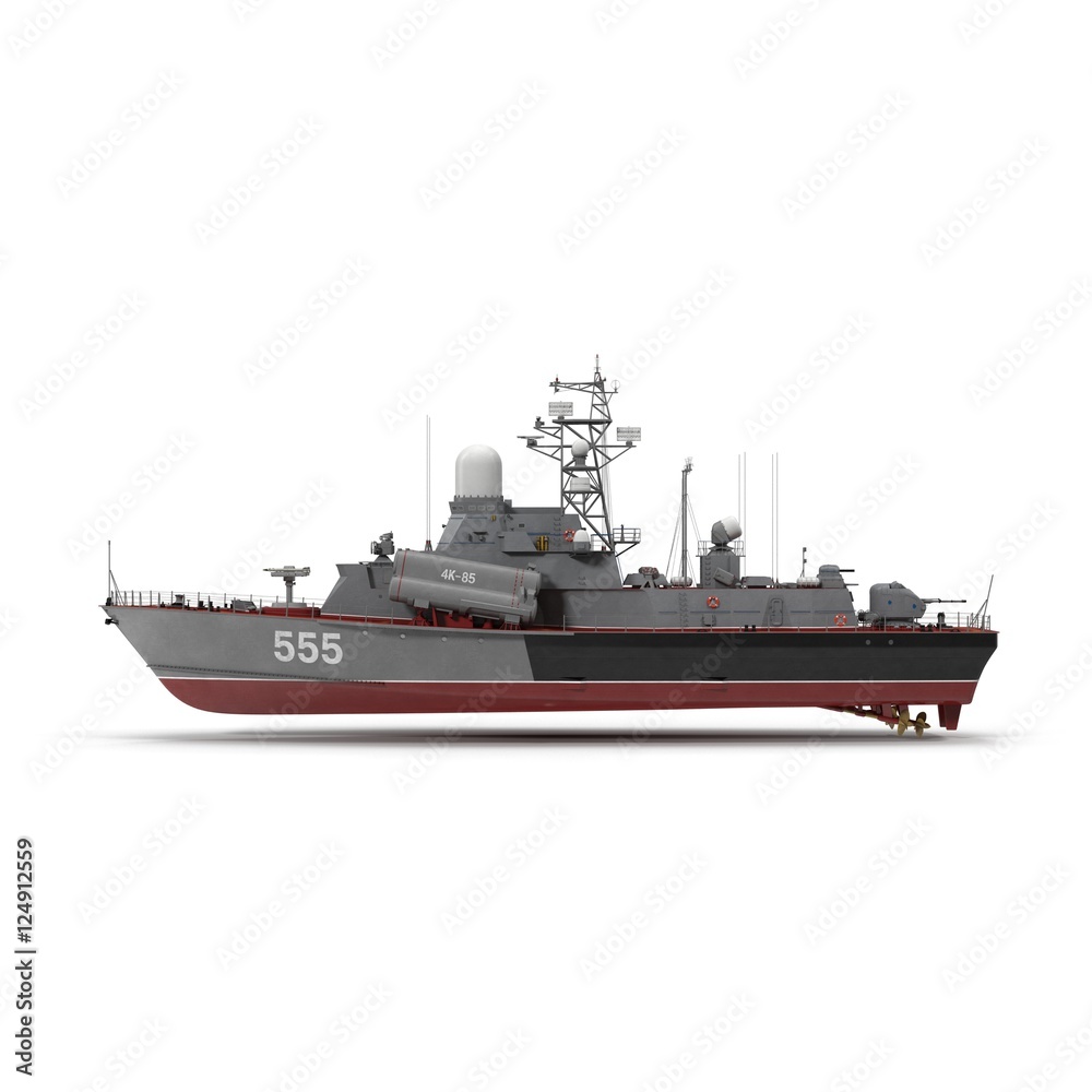 Side view Missile Corvettes of the Soviet Navy Nanuchka class Project 1234 on white. 3D illustration