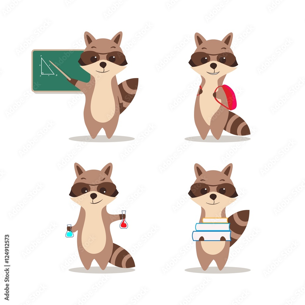 At school. Cute raccoon at a lesson of geometry wrote in chalk on blackboard. At a lesson of chemistry. With a backpack. With books. Isolated white background. At school. Cute raccoon at a lesson of geometry wrote in chalk on blackboard. At a lesson of chemistry. With a backpack. With books. Isolated white background.