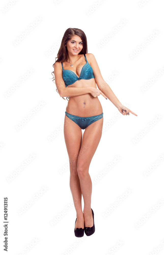Pretty Slim woman in beautiful lingerie on white background show Pretty Slim woman in beautiful lingerie on white background show