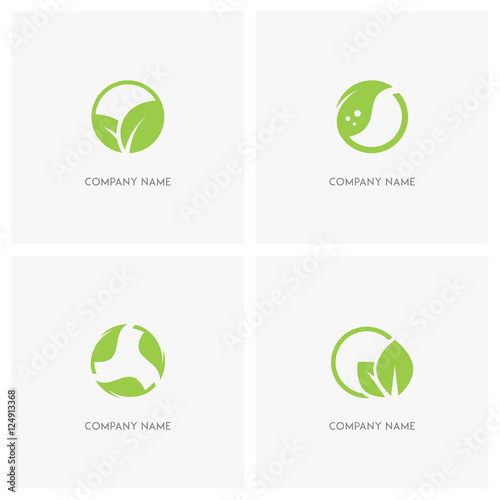 Green leaves and ecology vector logo. Fresh leaf in circle, green sprout or plant, balance in nature - spring, eco and environment icons.