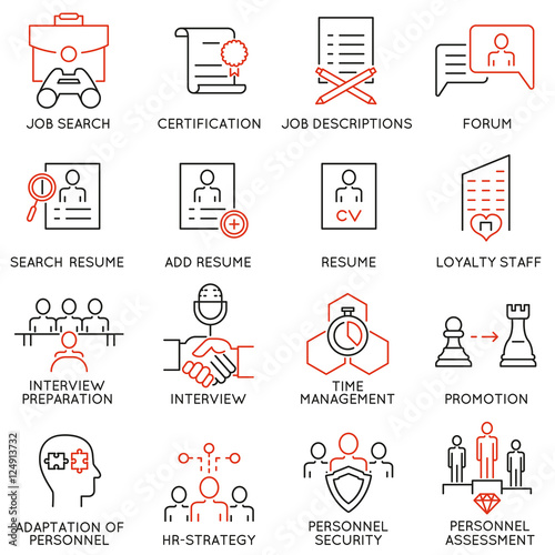 Vector set of 16 linear thin icons related to striving for success, leadership development, career progress, corporate management. Mono line pictograms and infographics design elements - part 5