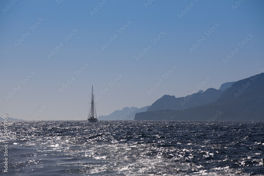 Luxury sailing ship on the sea at sunset, Marseille