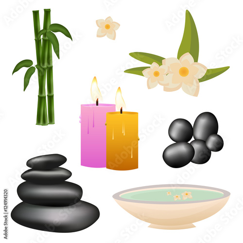 Spa salon set with stones and bamboo. Vector illustration.