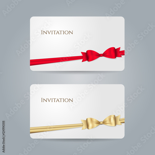 White gift card or invitation with red and golden bows, ribbons. Vector template for design credit or discount card. Isolated from a background