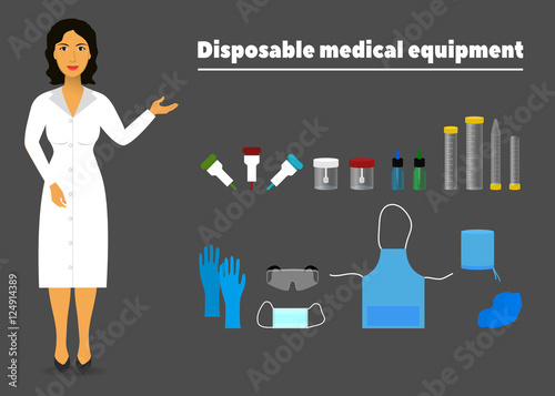 illustration of disposable medical equipment and a nurse (medical worker)