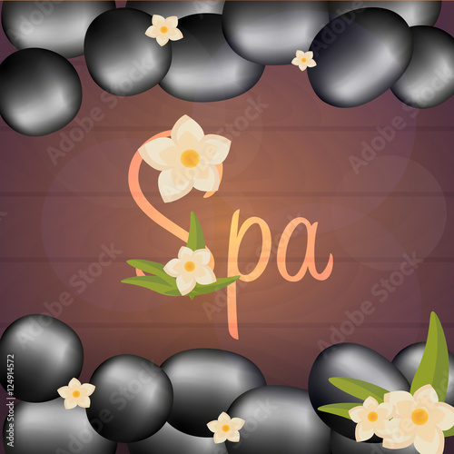 Spa salon banner with stones. Thai Massage. Wood texture. Vector illustration