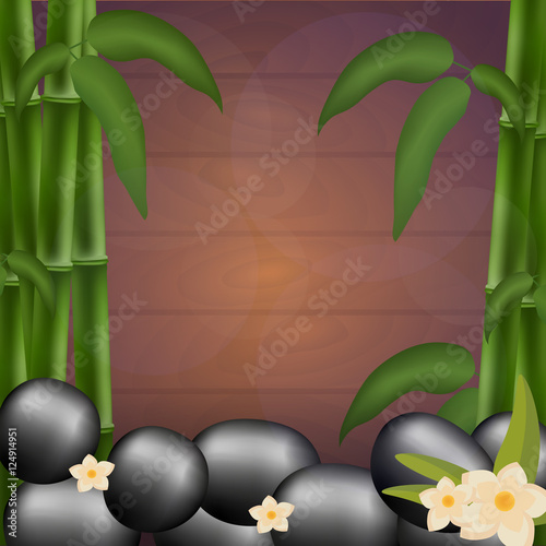 Spa salon banner with stones and bamboo. Thai Massage. Wood texture. Vector illustration