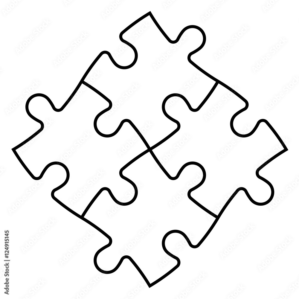 Solved jigsaw puzzle of four pieces. Team cooperation, teamwork or solution business theme. Simple flat vector illustration with black outline on white background.