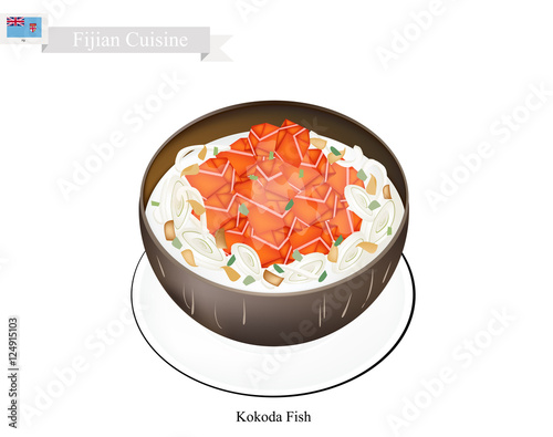 Fijian Cuisine, Kokoda or Traditional Raw Fish Marinated in Citrus Juice and Coconut Cream. The National Dish of Fiji.