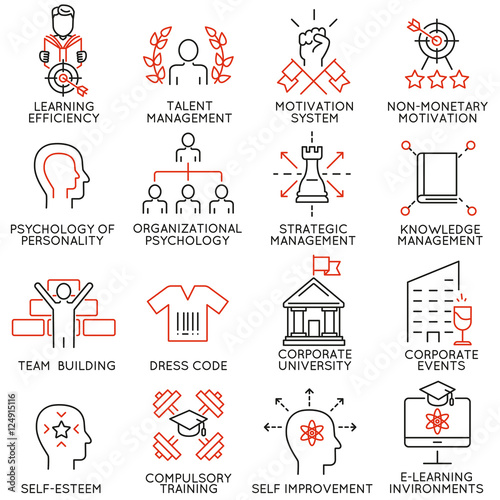 Vector set of 16 linear thin icons related to striving for success, leadership development, career progress and personal training. Mono line pictograms and infographics design elements - part 6
