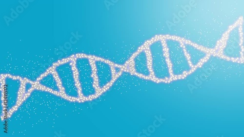 animation of a rotating dna helix with scatter effect over a blue background, full hd, loopable