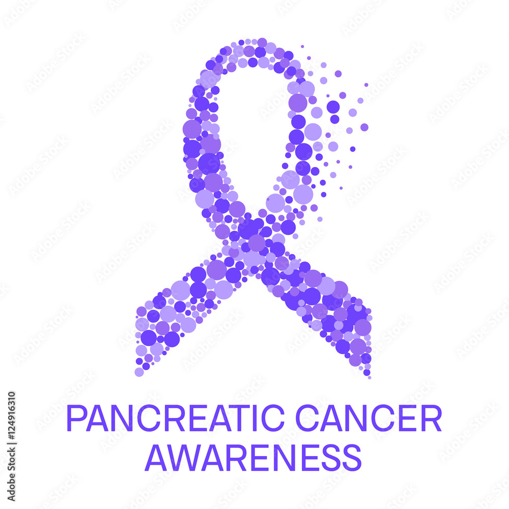 Pancreatic cancer awareness poster. Purple ribbon made of dots on white background. Pancreatitis disease. Medical concept. Vector illustration.