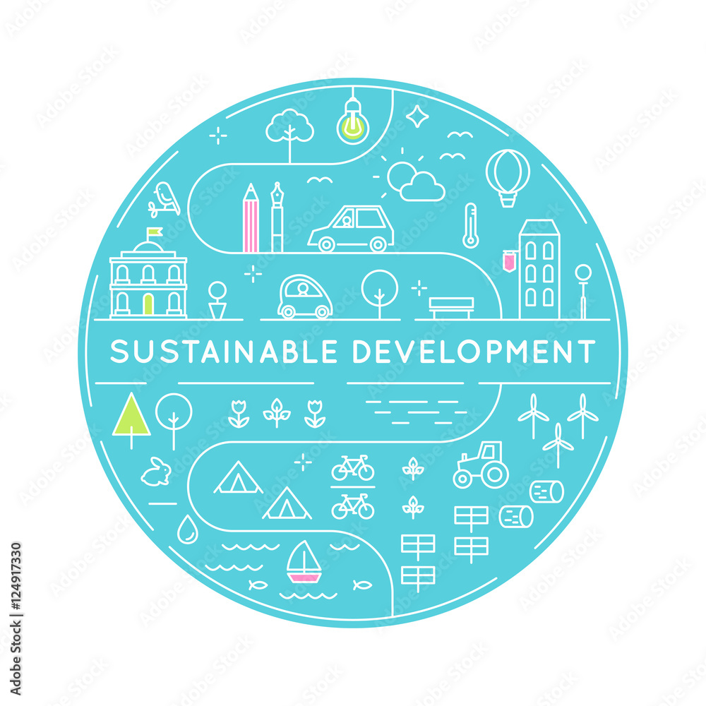 Sustainable Development and Sustainable Living Implementation Concept Line Art Vector Illustration