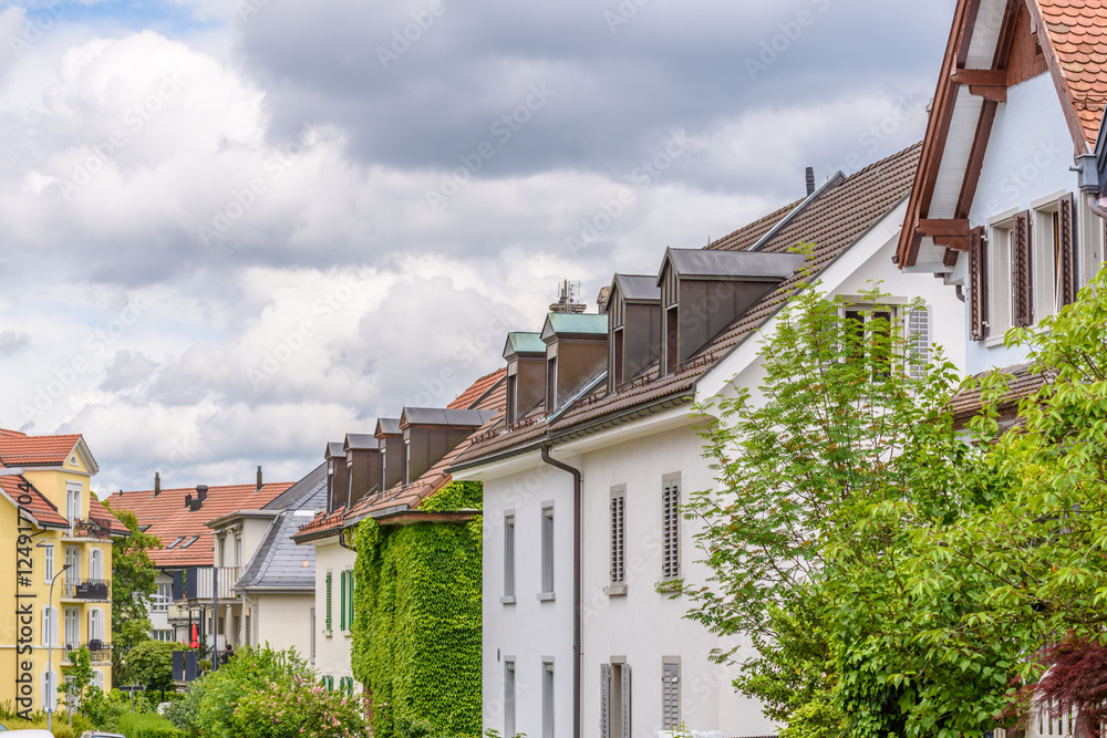 A perfect neighborhood. Houses in suburb at Spring in the Zurich, Switzerland.
