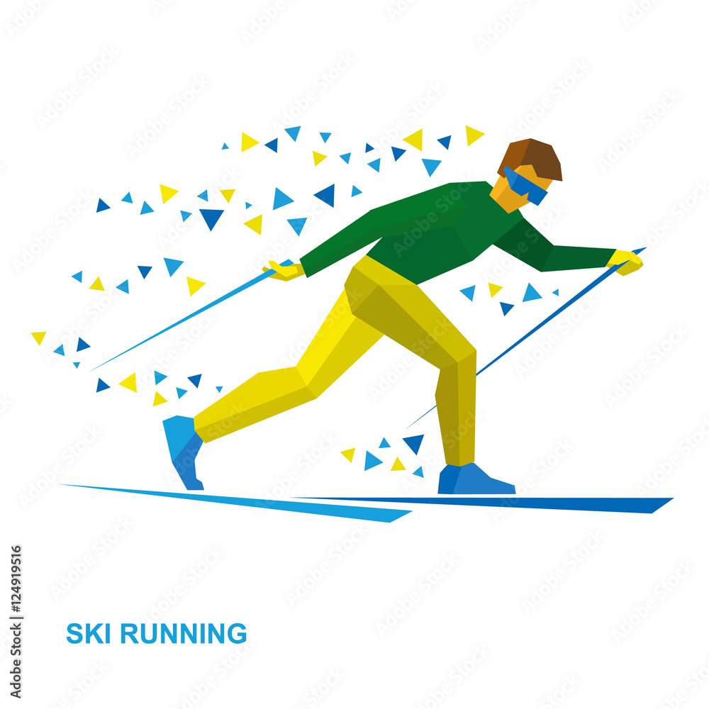 Winter sports - Skiing. Cartoon skier running. Athlete in green and yelow runs on skis. Flat style vector clip art isolated on white background. Winter sports - Skiing. Cartoon skier running. Athlete in green and yelow runs on skis. Flat style vector clip art isolated on white background.