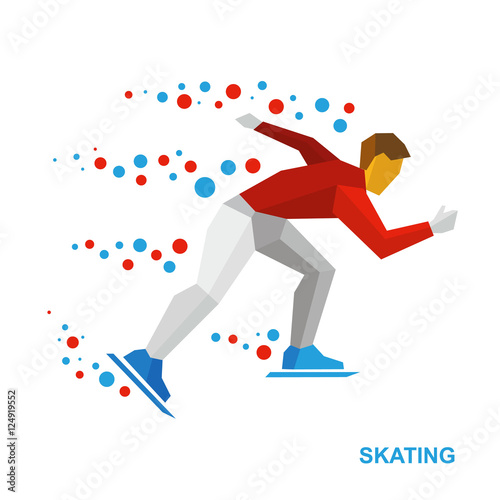 Winter sports - skating. Cartoon skater running. Athlete in red and white runs on skates. Flat style vector clip art isolated on white background.