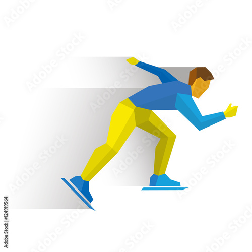 Winter sports - skating. Cartoon skater running. Athlete in blue  and yellow runs on skates. Flat style vector clip art isolated on white background.