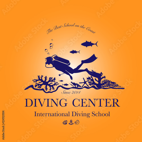 Scuba diving and snorkeling center or school logo. Scuba diver swimming underwater over beautiful corals. Vector Illustration