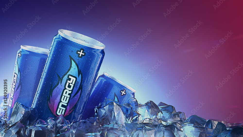 Energy drink pass through Ice Cubes. 3d rendering Stock Illustration