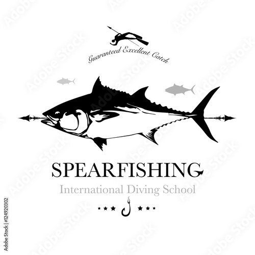 Sea fishing logo. Large tuna fish on spear and fisherman. Vector Illustration