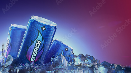 Energy drink pass through Ice Cubes. 3d rendering