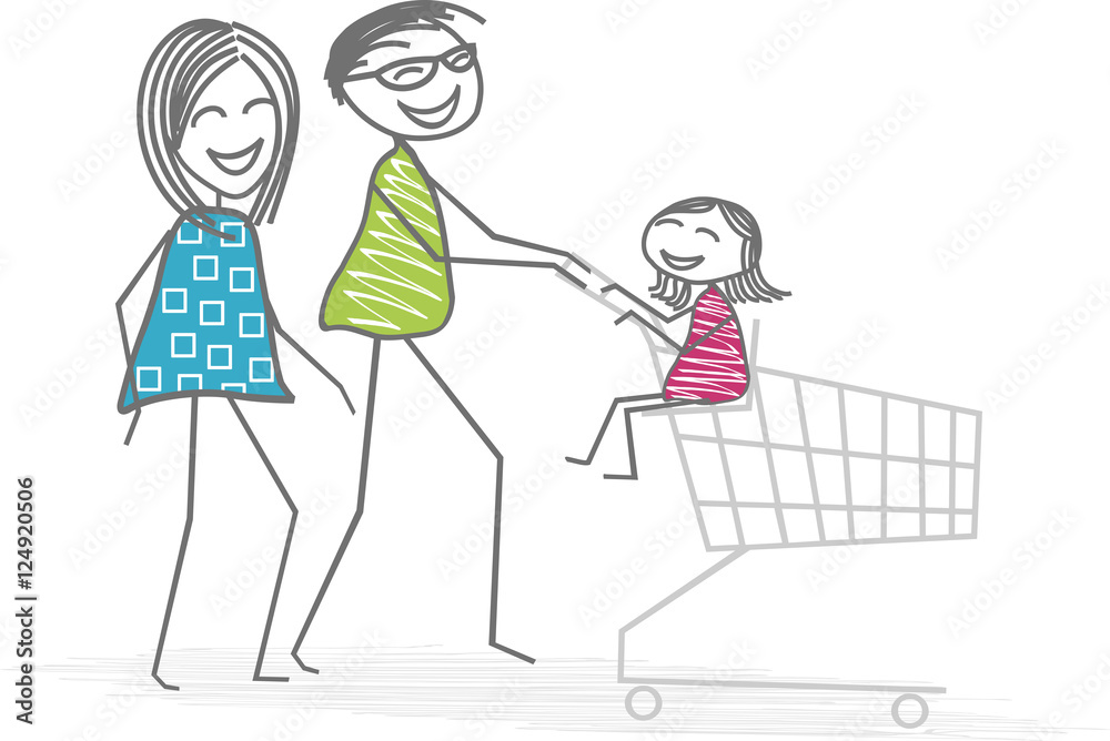 Une mère et un père font leurs courses avec un enfant assis dans un chariot à courses Une mère et un père font leurs courses avec un enfant assis dans un chariot à courses