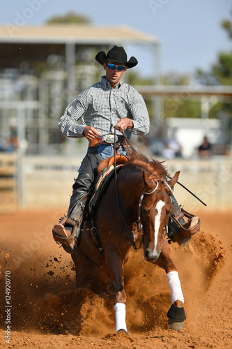 The front view of a rider in cowboy chaps, boots and hat on a horseback running ahead and stopping the horse in the dust.