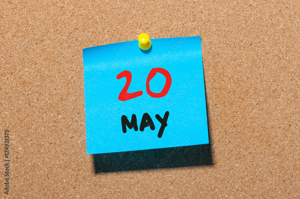 May 20th. Day 20 of month, calendar on cork notice board, business background. Spring time, empty space for text May 20th. Day 20 of month, calendar on cork notice board, business background. Spring time, empty space for text