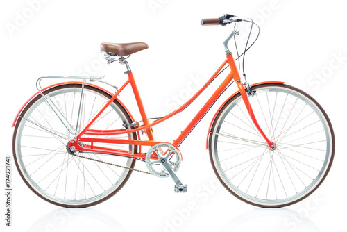 Stylish womens orange bicycle isolated on white