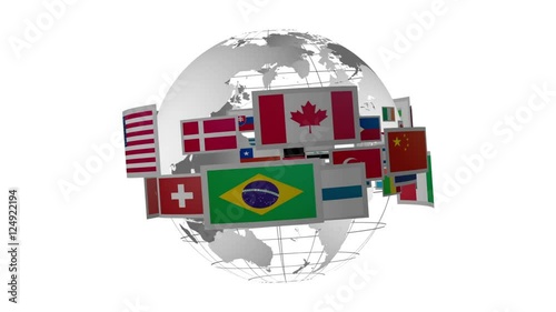 animation of a spinning grey globe with flags of different countries, full hd, loopable