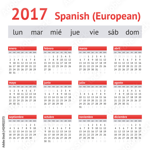2017 European Spanish Calendar. Week starts on Monday