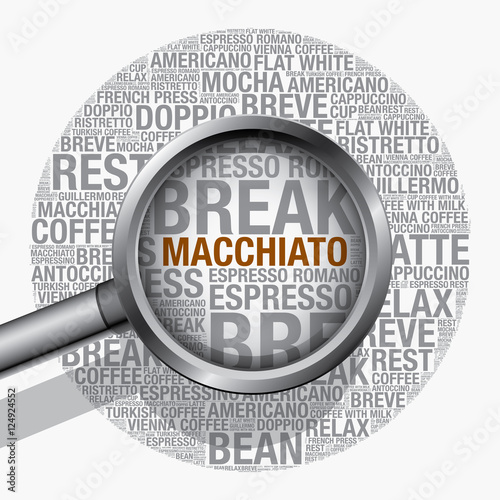 Macchiato coffee word cloud concept vector design template