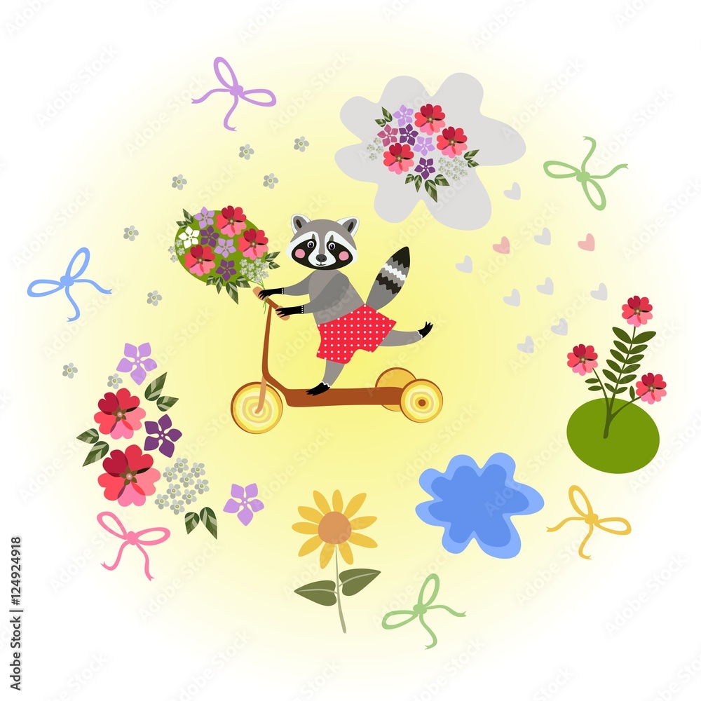 Naklejka premium Cute cartoon raccoon riding by homemade scooter with bouquet as a gift. Greeting card.