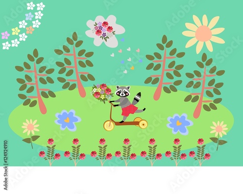 Cute cartoon raccoon traveling by homemade scooter. Greeting card. Summer day in the forest.