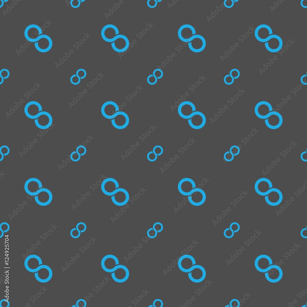 Seamless pattern of blue infinity symbols on dark grey background. Simple flat vector illustration.