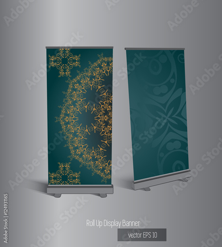Roll up banner stand design. Vector.