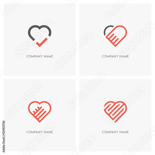 Love vector logo set. The heart symbol with check mark, labyrinth and hold hands - valentine, relationship and medicine icons.