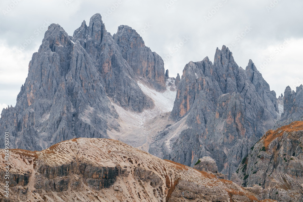 Tall towers of Cadini di Misurina in Dolomite Alps