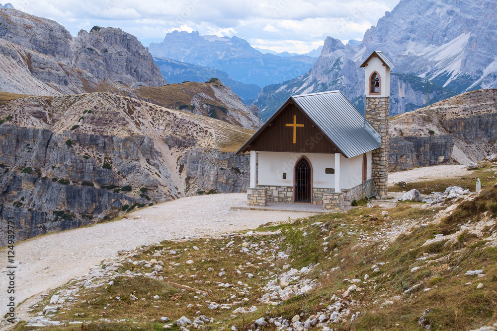 Mountain chapel near Tre Cime di Lavaredo in Dolomites