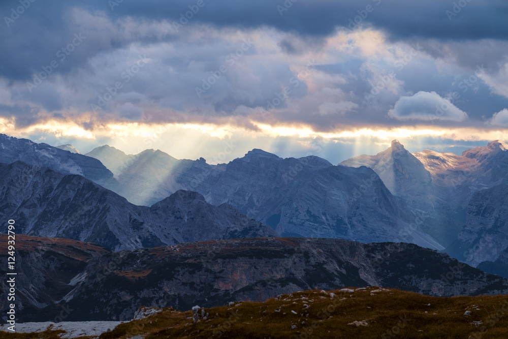 Mountains Panorama of the Dolomites at Sunrise with clouds