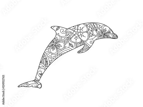 Coloring page with dolphin isolated on white background.