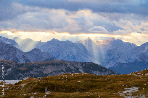 Mountains Panorama of the Dolomites at Sunrise with clouds