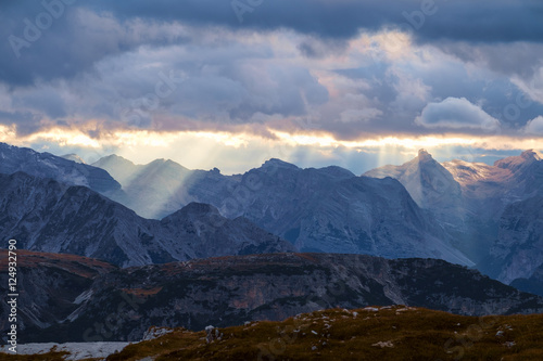 Mountains Panorama of the Dolomites at Sunrise with clouds © Kavita