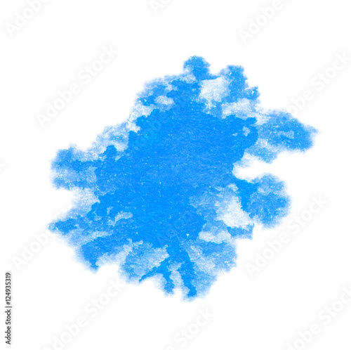 Blot made light blue wet watercolor on textured paper. Blur dripped paint