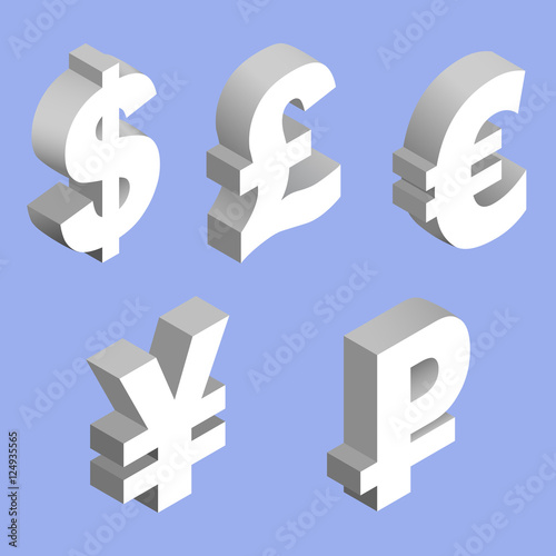 Isometric set of currency symbols of the world - dollar, pound sterling, euro, yen, ruble on blue background. Vector 3d illustration.