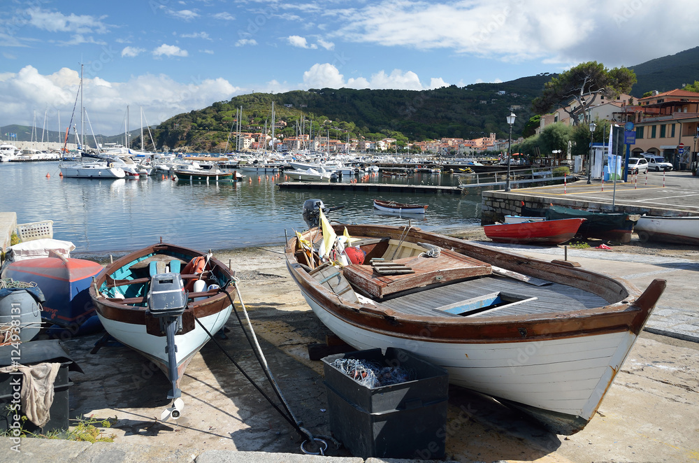 Wooden boats in the harbour in Marciana marina, Elba island, Tuscany, Italy, Europe