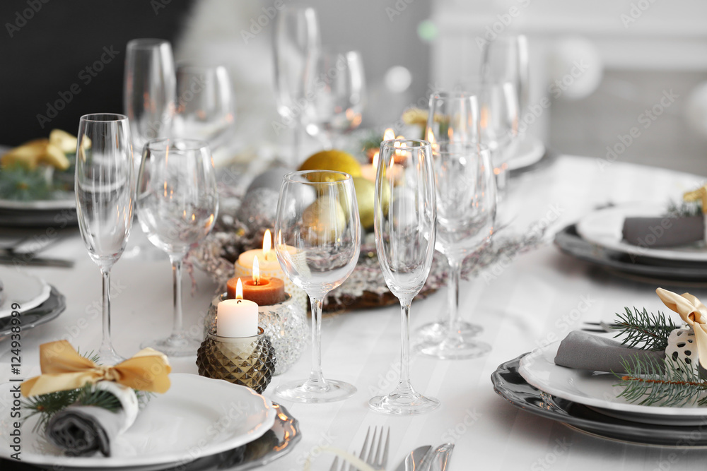 Table served for Christmas dinner, close up view